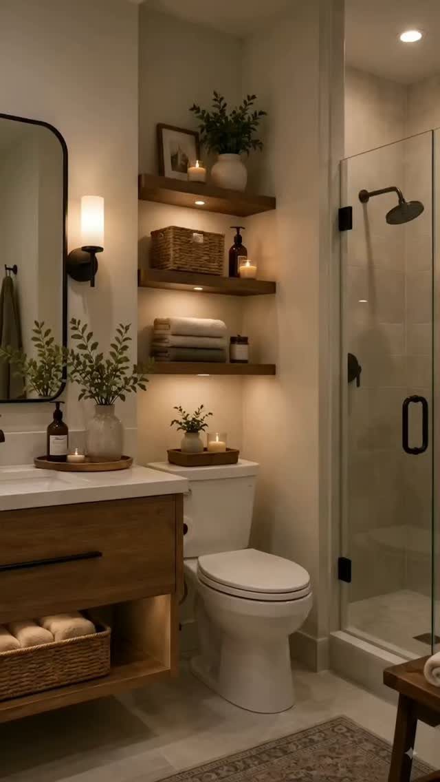 Modern bathroom with light wood vanity, floating shelves, and a glass shower enclosure.