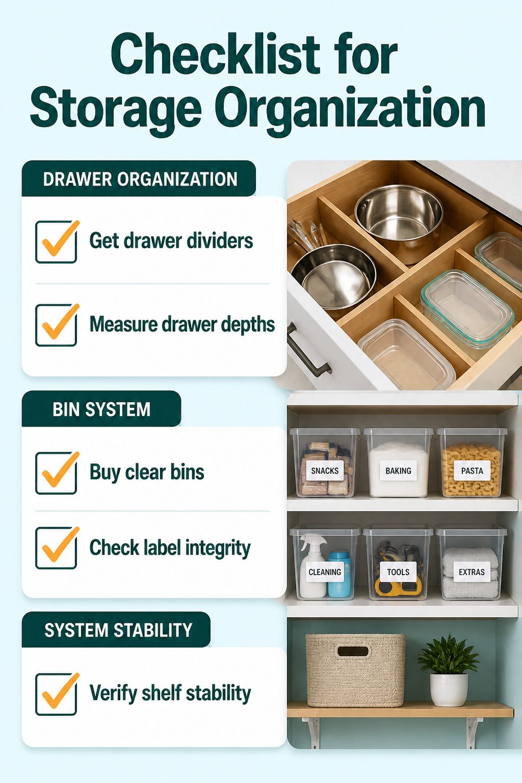 Clear storage bins and dividers in a tidy drawer.