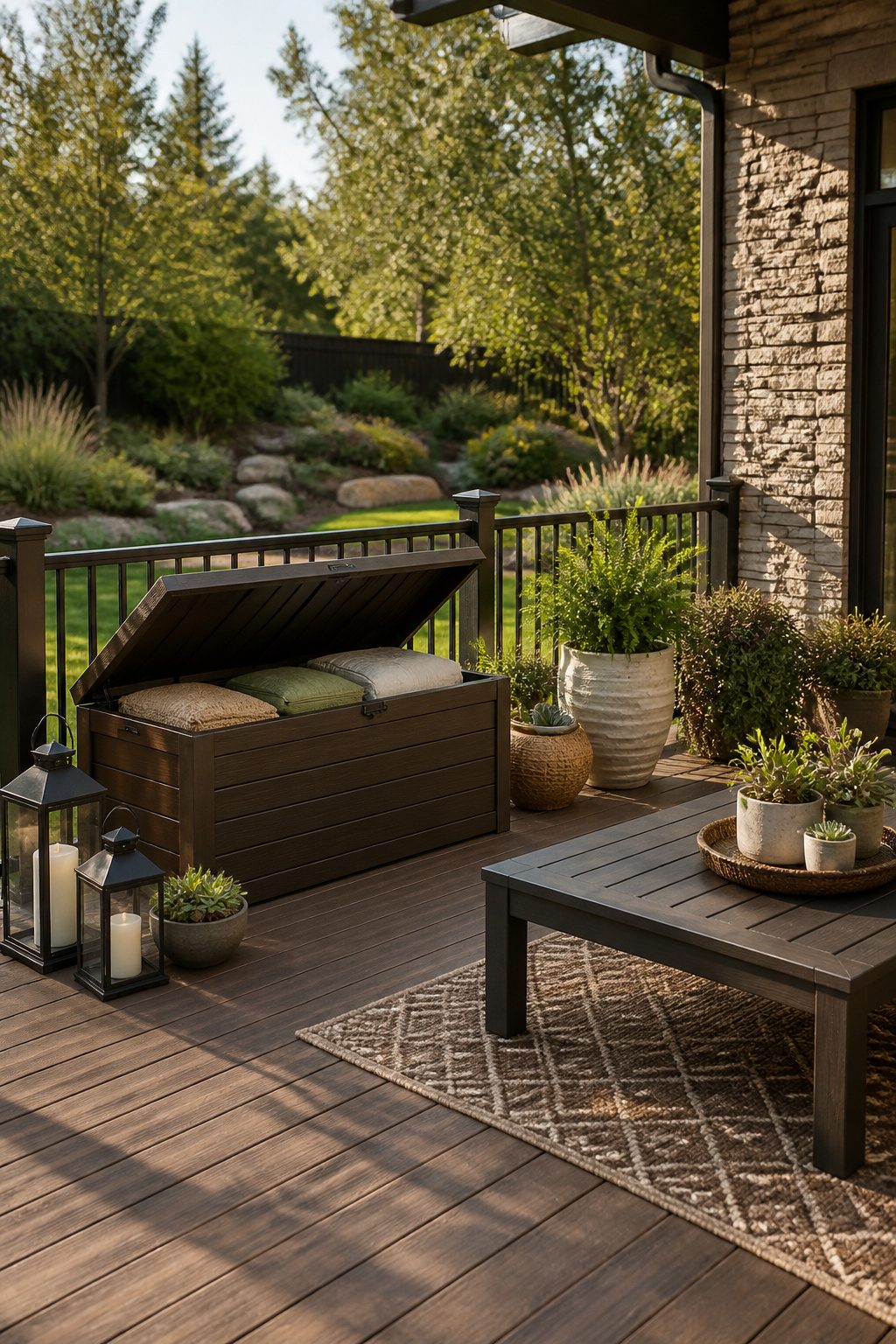 Outdoor storage bench with a hydraulic lid for easy access.