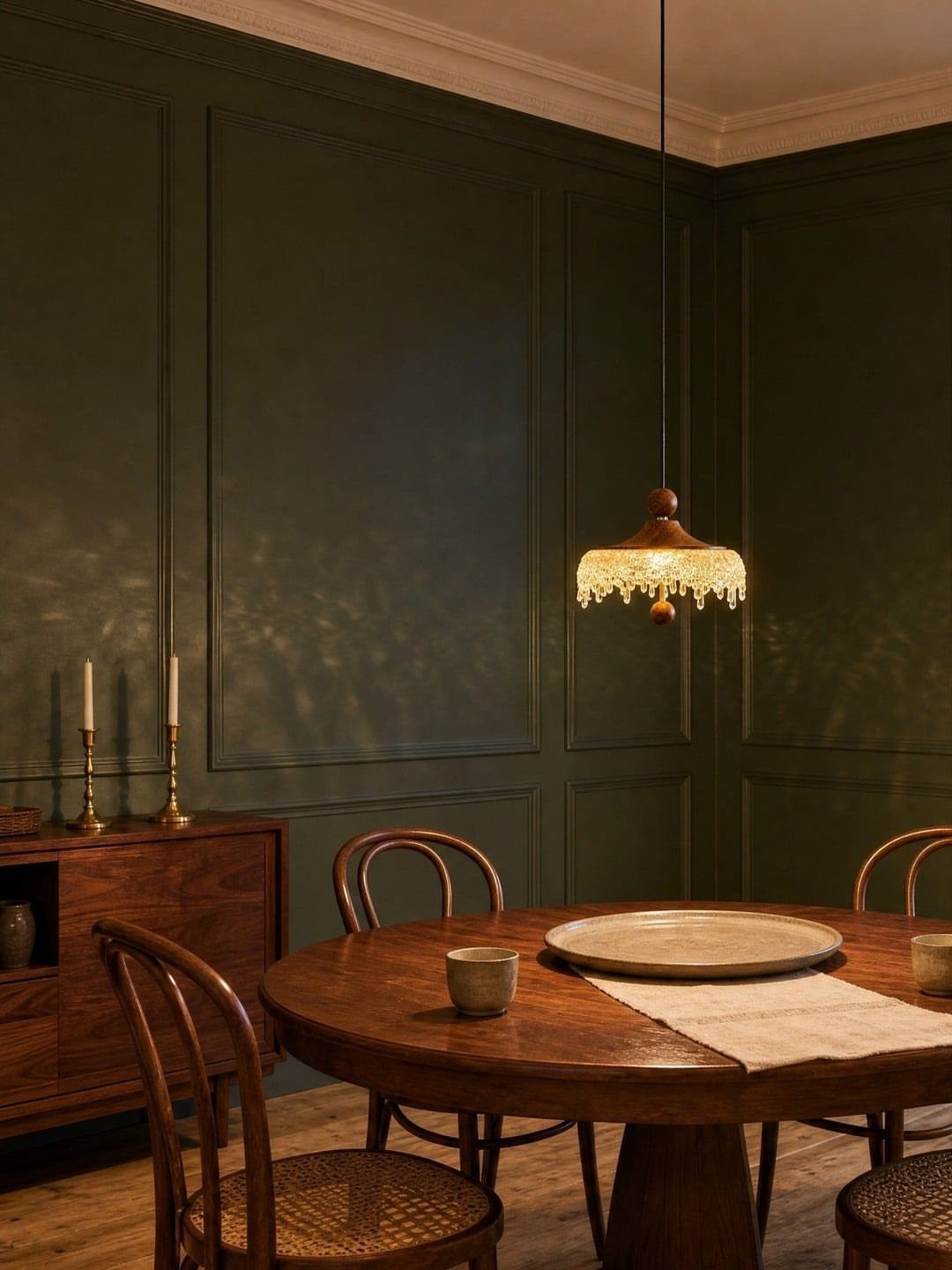 Round wooden dining table with a decorative pendant light hanging overhead against green walls.