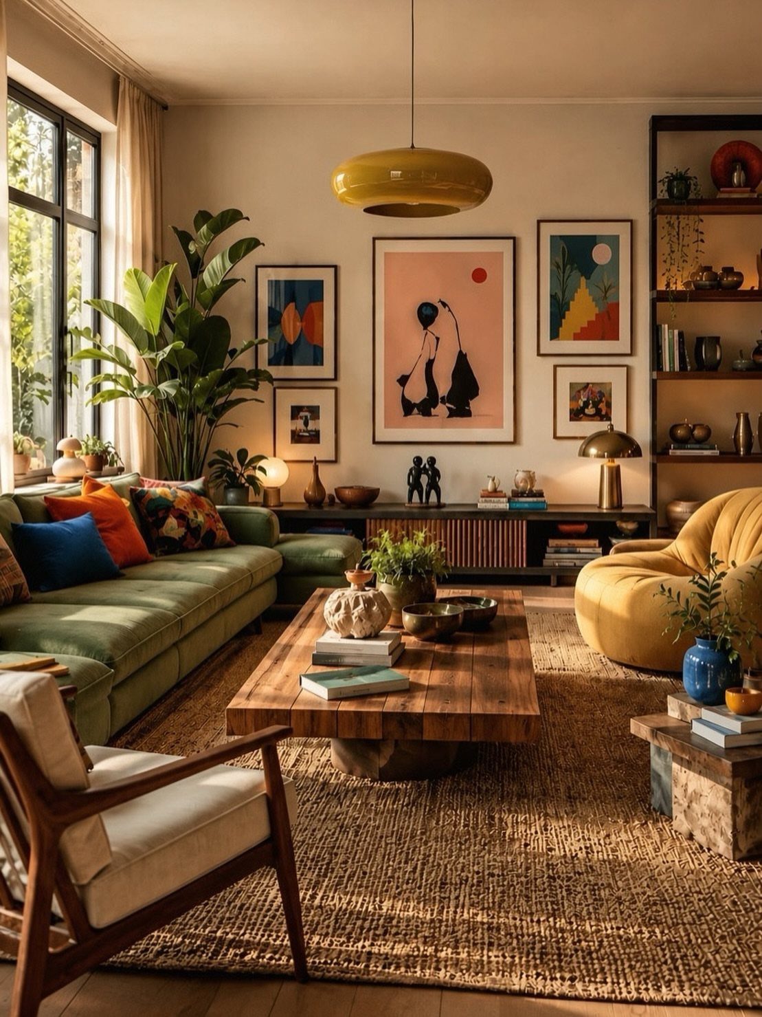 Mid-century modern living room with a large yellow pendant light and vintage furniture.