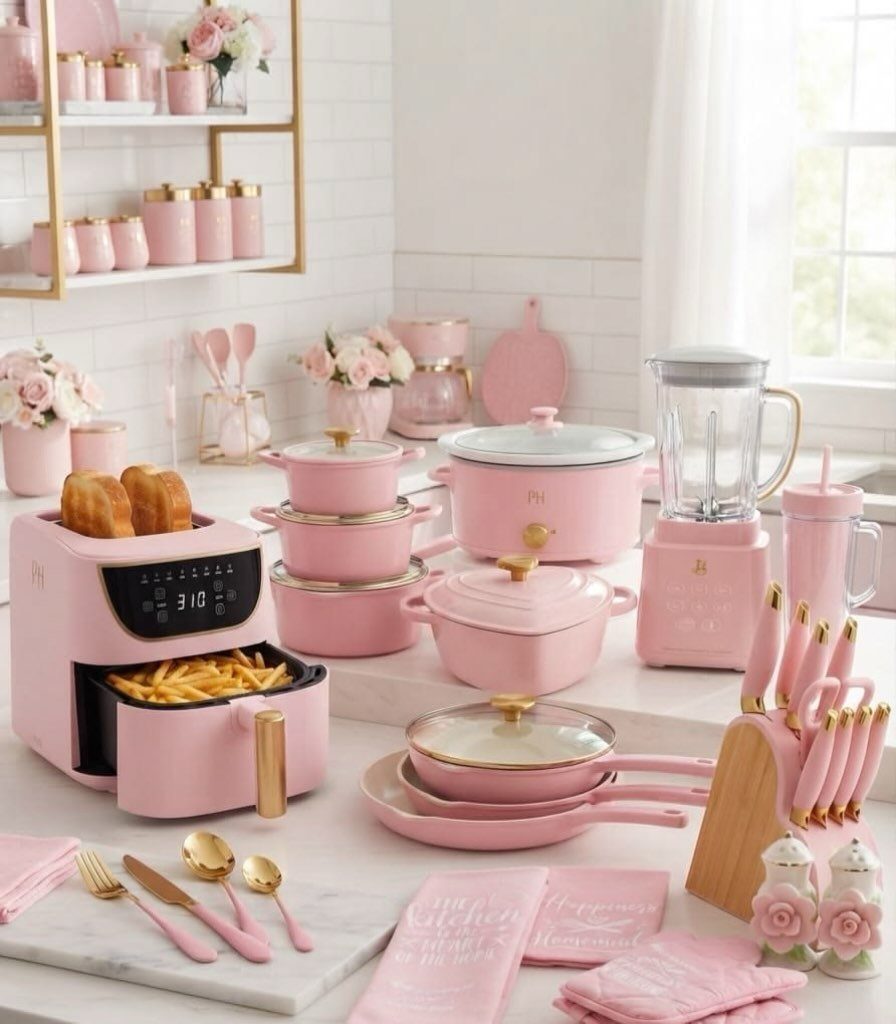 Pink kitchen appliances and cookware arranged on a white countertop in a bright kitchen.