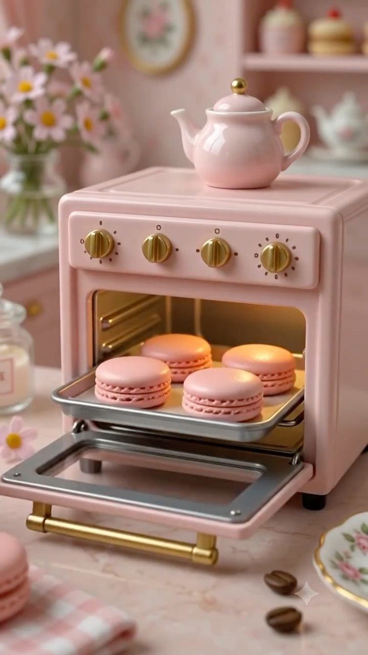Pink retro toaster oven with gold knobs containing pink macarons and a pink teapot.