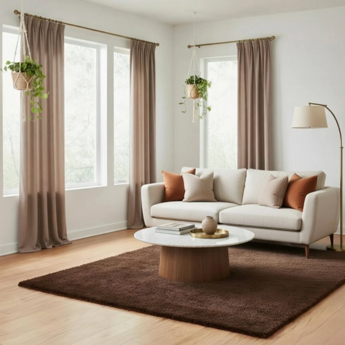 8 Brown Rug Living Room Ideas for Every Style of Home 6 Dark brown plush rug in a bright living room with white sofa and marble table.