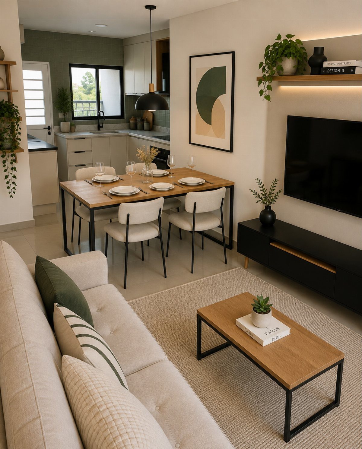 Rectangular wooden dining table placed between a white kitchen and a cozy living room.