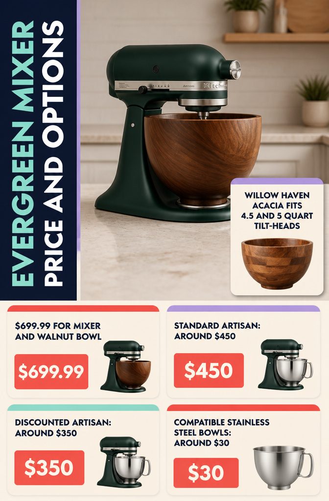 Evergreen Mixer Price and Options graphic with mixer and bowl choices