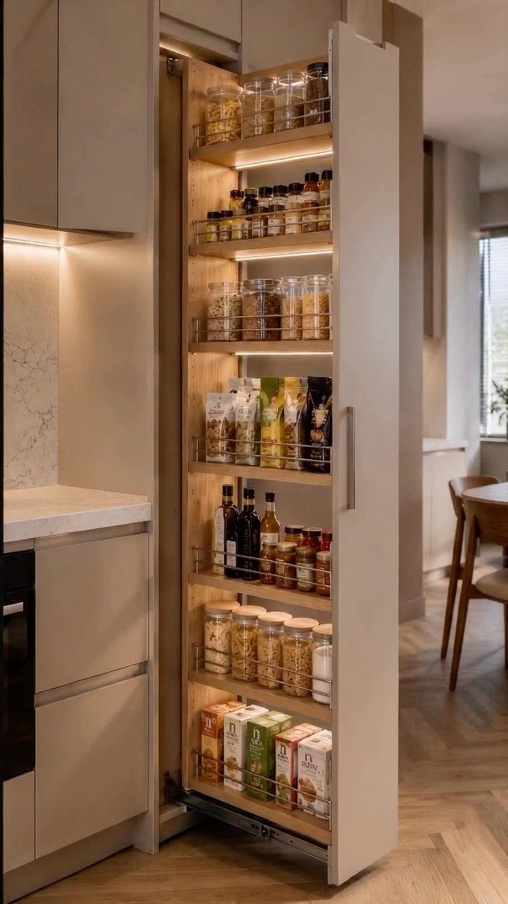 Kitchen Wood Pantry: 40 Ideas with Glass, Drawers, and Doors 6 Pull-out pantry cabinet with wire shelves filled with organized food jars and boxes.