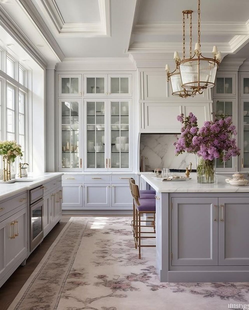 Light purple kitchen cabinets featuring elegant gold hardware and white marble countertops.