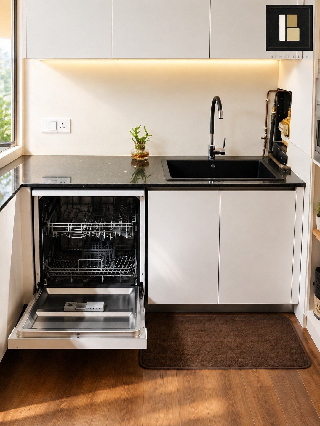 Small Kitchen Sink Ideas: 26 Ways to Maximize Space and Style 10 Black rectangular undermount sink in a small kitchen with an open dishwasher below.