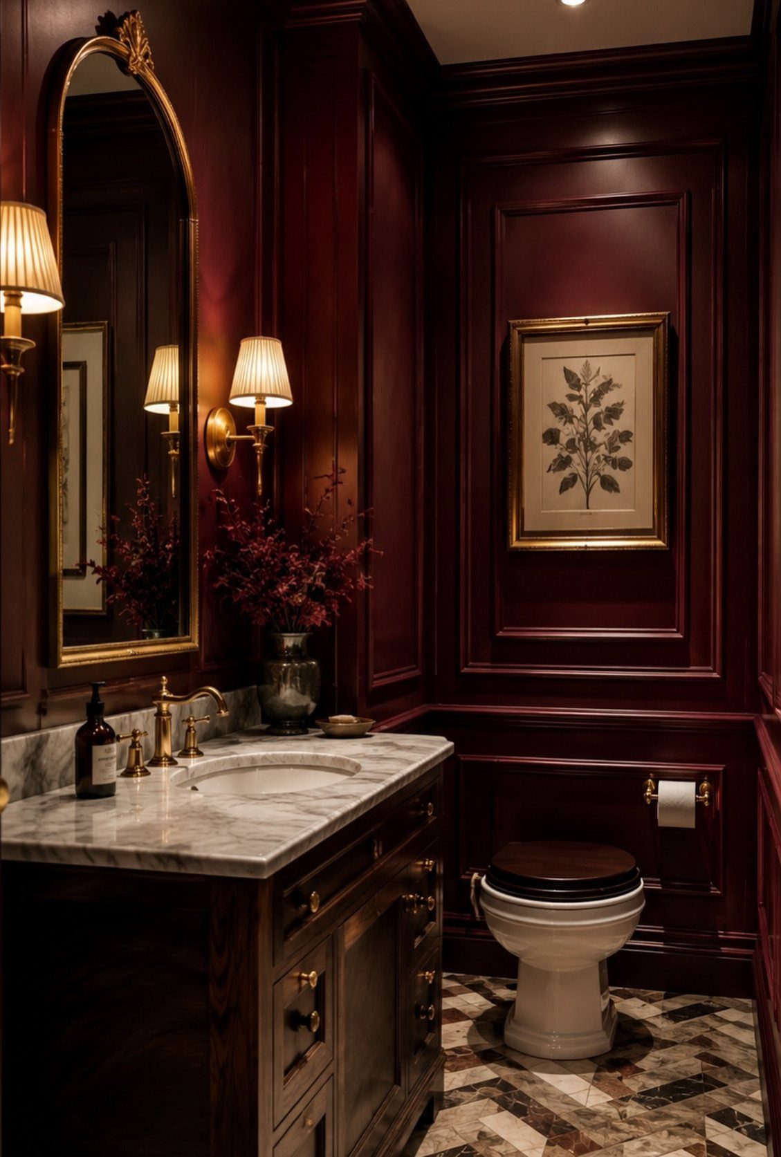 Luxurious bathroom featuring deep red paneled walls, marble vanity, and gold accents.