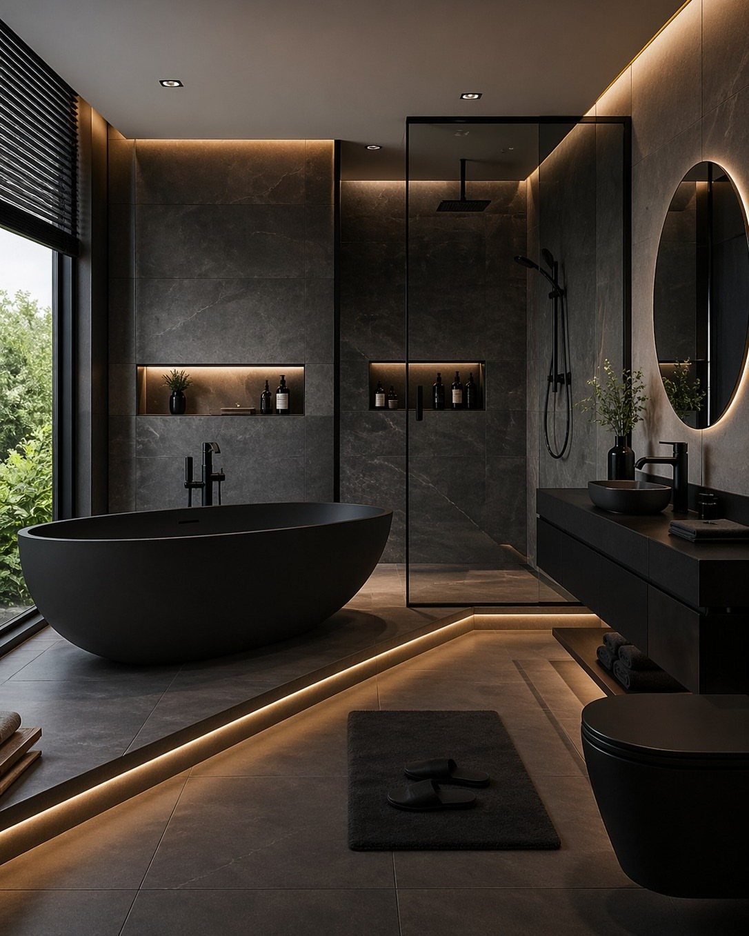 Modern dark grey bathroom with matte black tub and warm integrated LED lighting.