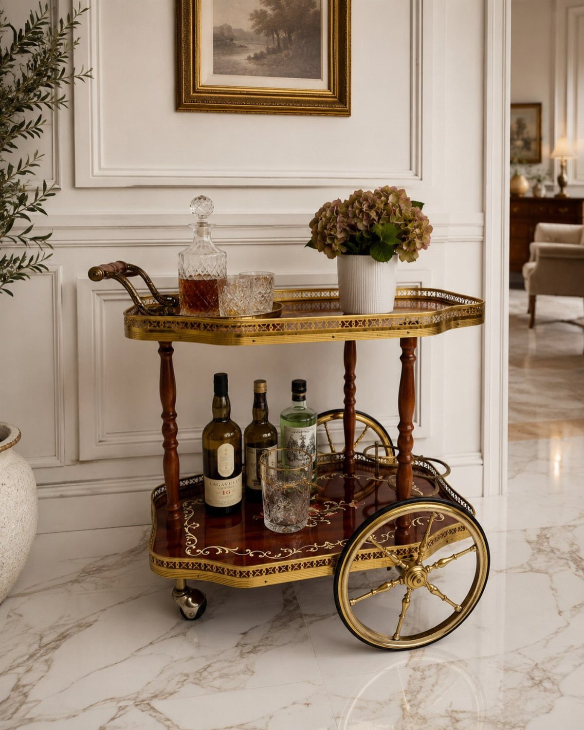 Furniture on Wheels: 19 Ideas for Rolling Pieces That Move 7 Vintage wooden serving cart with gold trim and spoked wheels on marble floor.