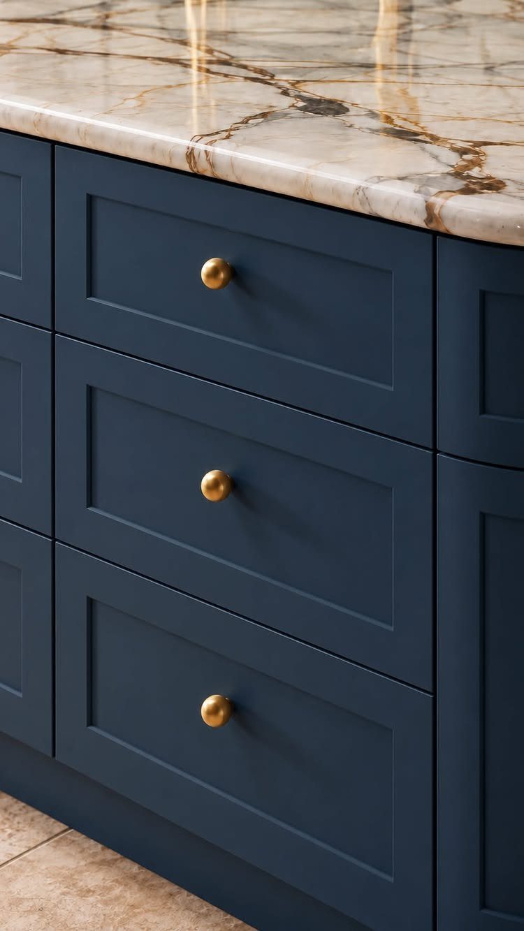 Navy blue shaker kitchen drawers with gold knobs and a marble countertop.