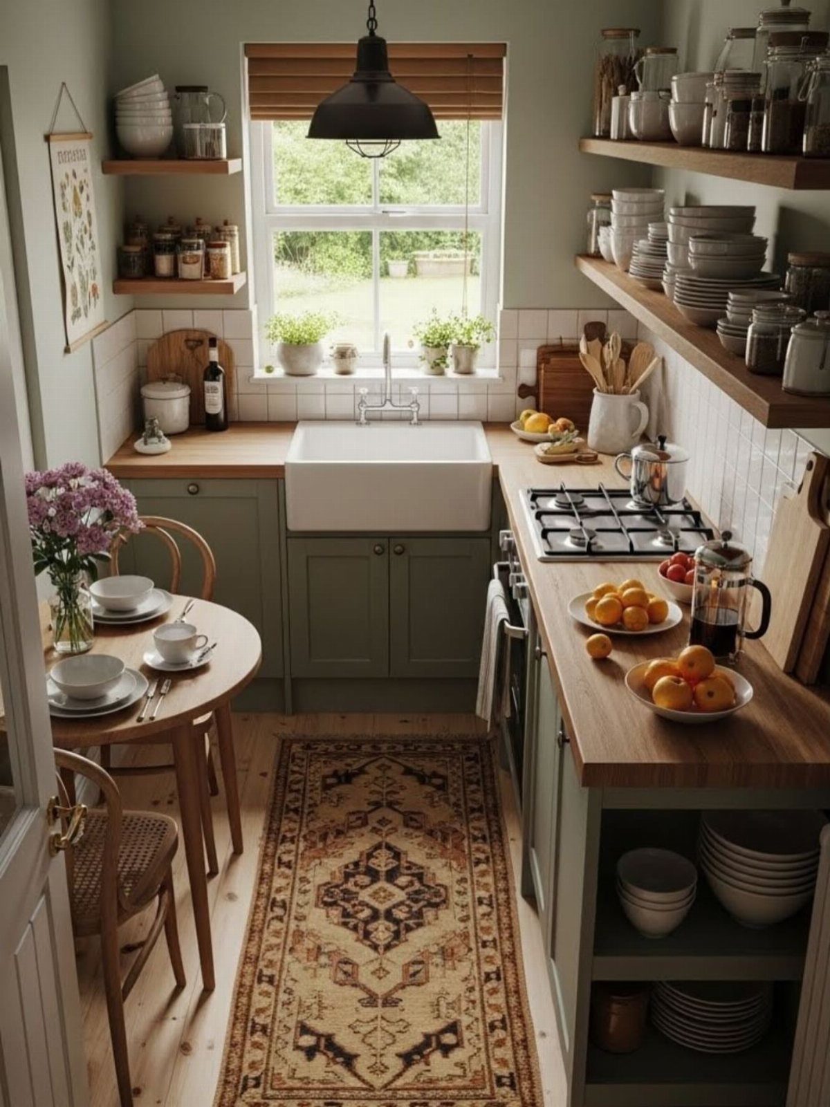 Small round wooden dining table and chairs in a rustic sage green kitchen.