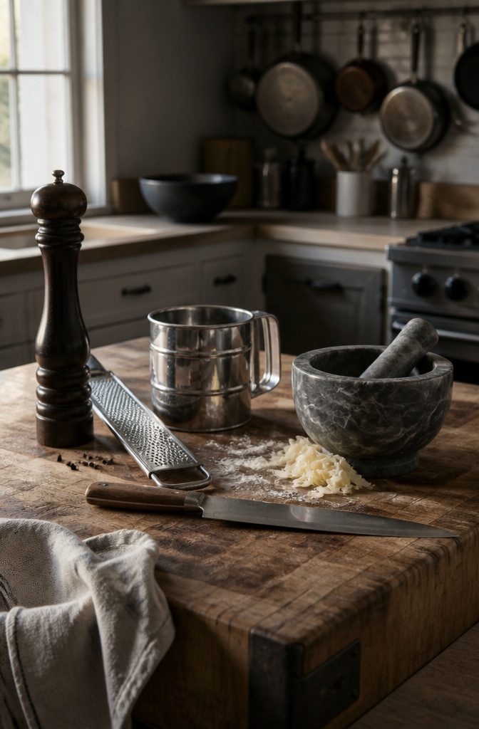 Marble mortar and pestle beside pepper mill grater flour sifter and yanagiba