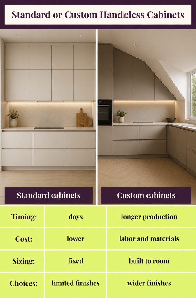 Kitchen Cabinets Without Handles: 7 Ways to Open Them 10 Diagram comparing standard and custom handleless cabinets