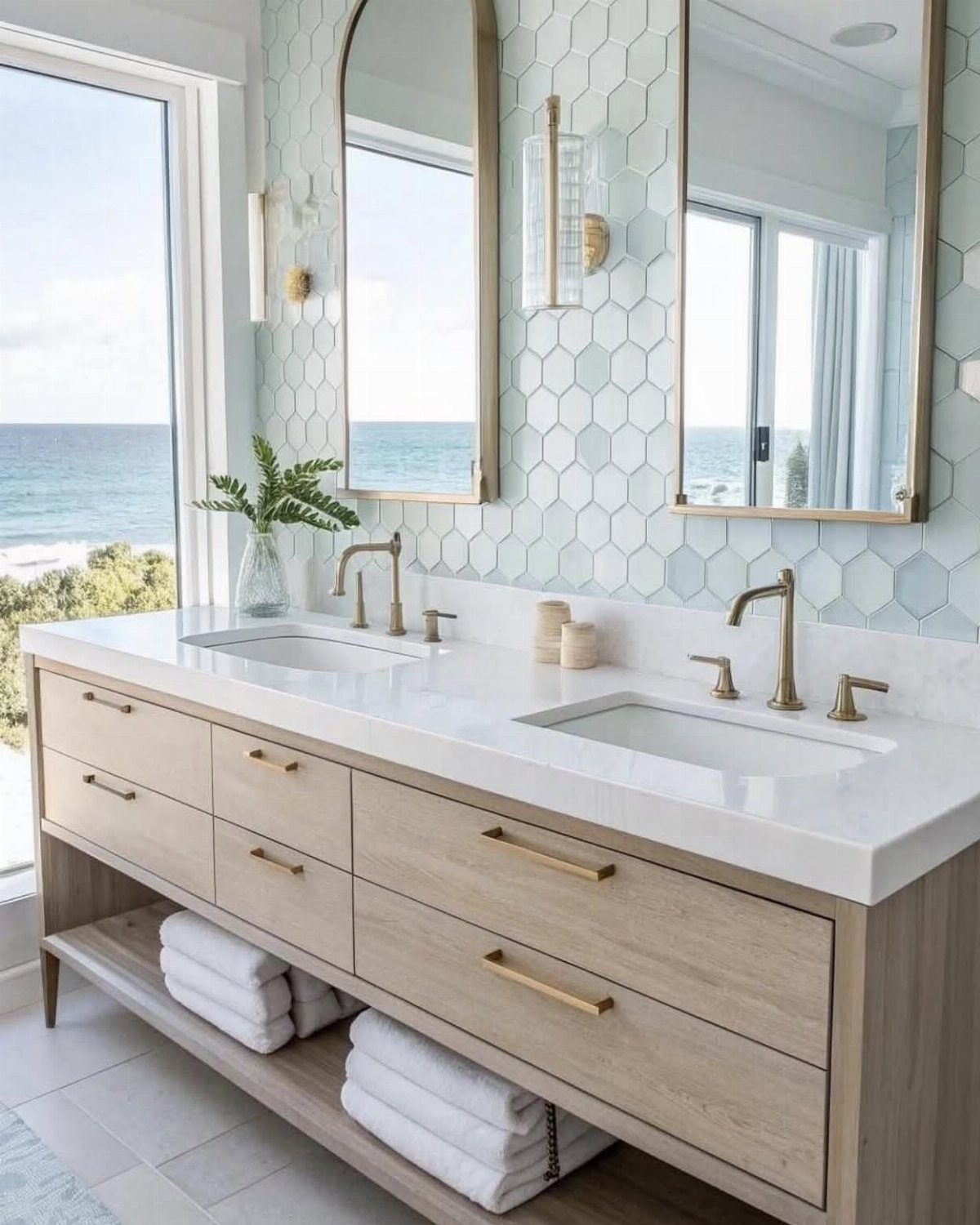 Light wood double vanity in a bright bathroom with ocean views and hexagonal tiles.