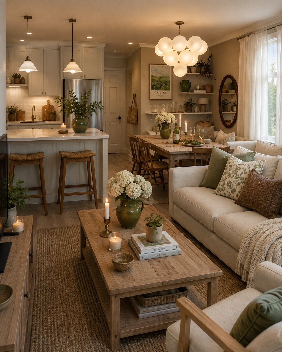 Wooden dining table separating a cozy living room from a white kitchen area.