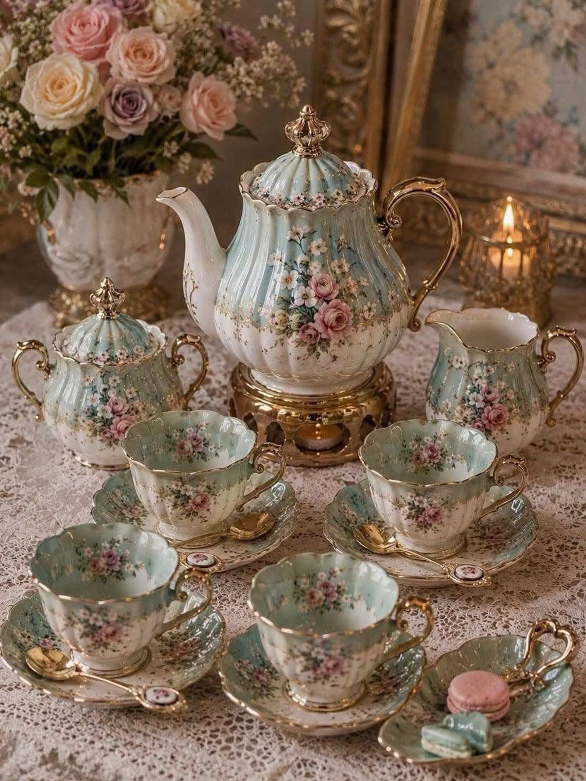 Vintage porcelain tea set with floral patterns and gold trim on a lace tablecloth.