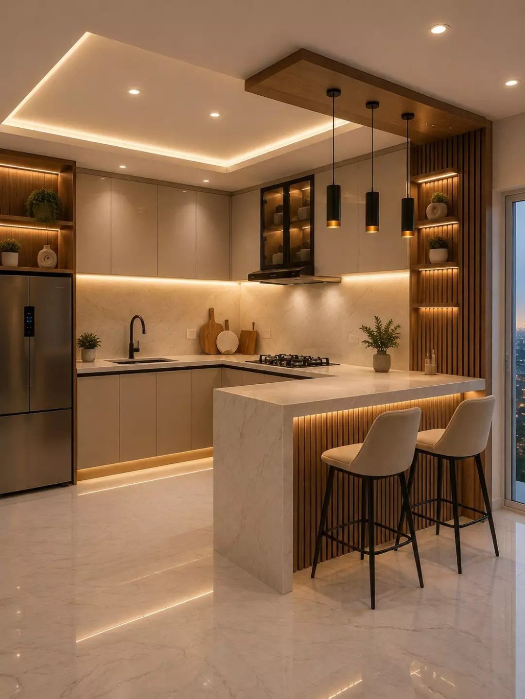 Modern beige kitchen cabinets with a white marble island and wooden slatted wall accents.