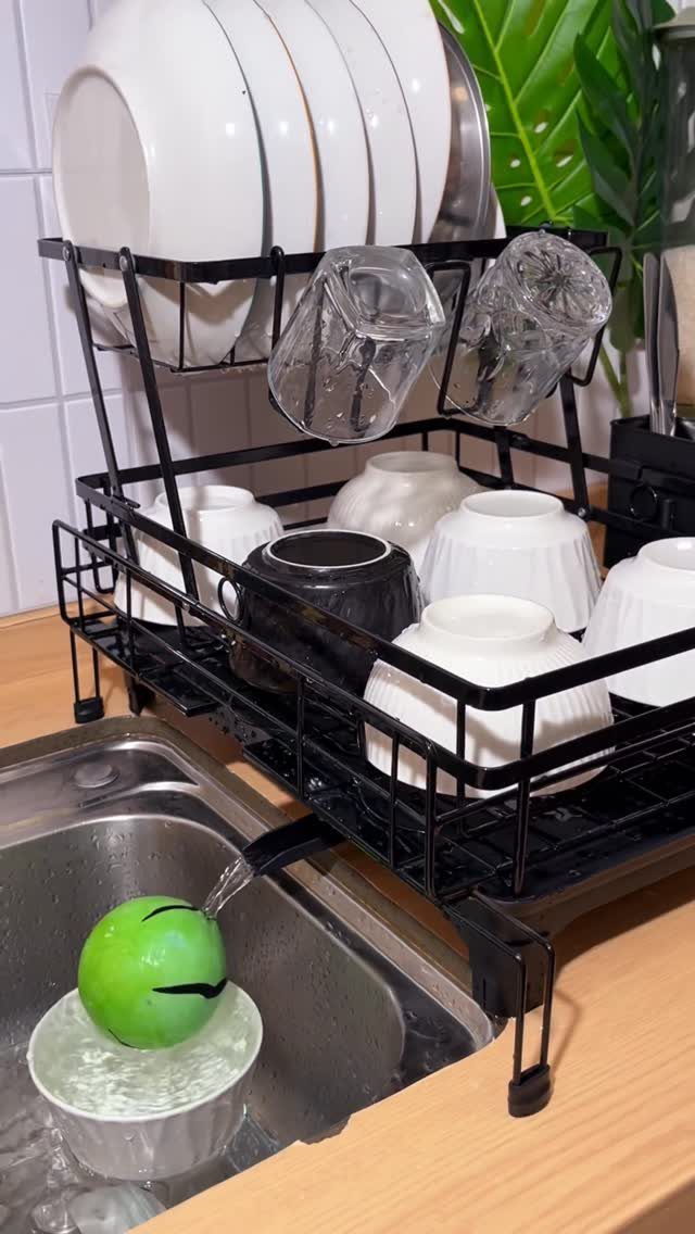 Small Kitchen Sink Ideas: 26 Ways to Maximize Space and Style 22 Black metal two-tier dish drying rack with white plates and bowls beside a sink.