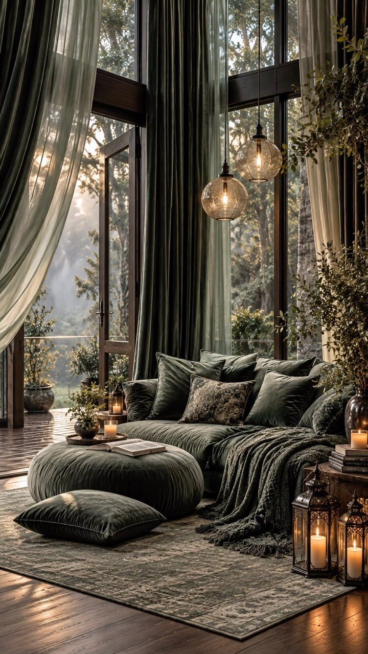Green velvet sofa and pouf with a wool throw in a moody room.