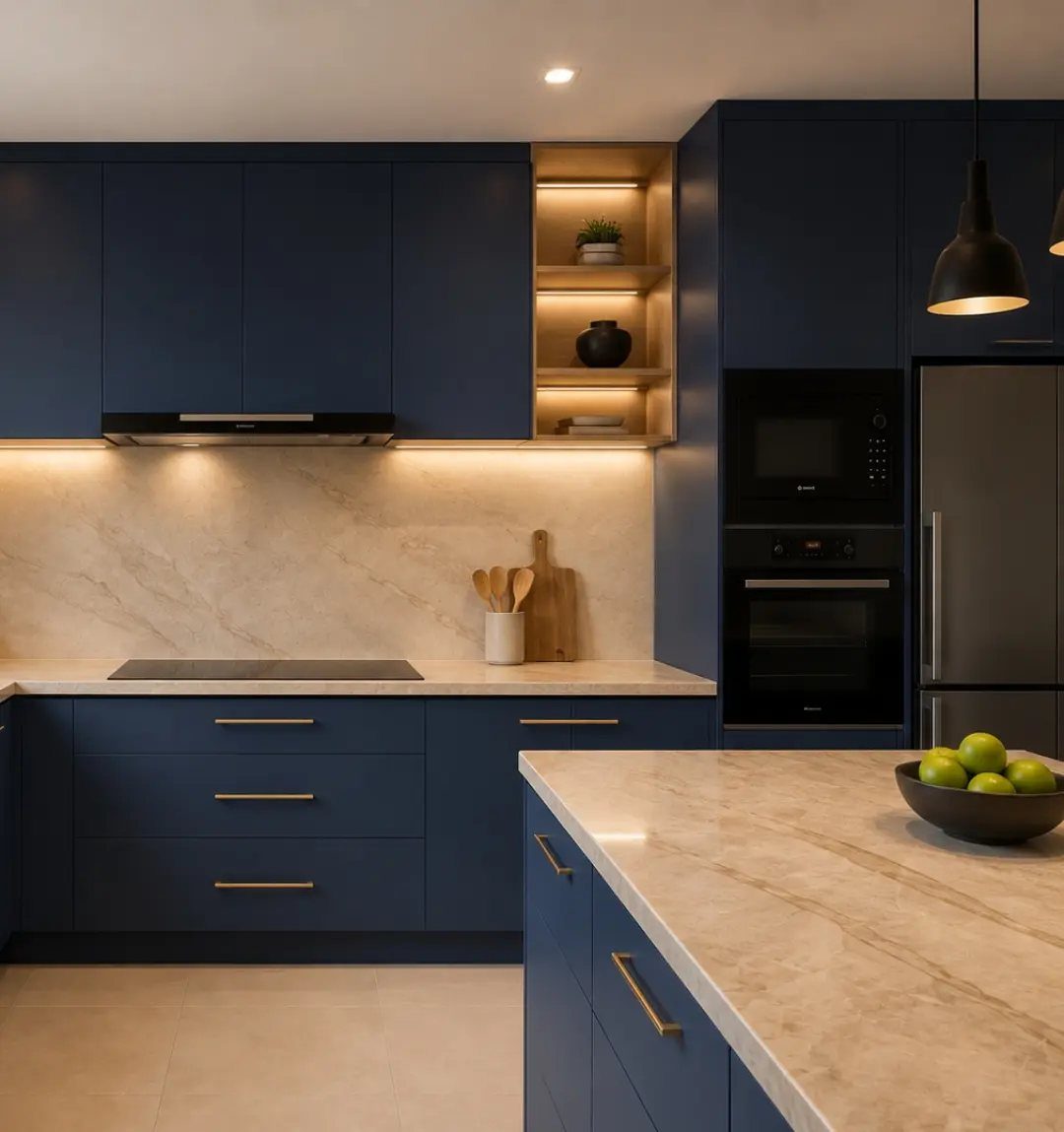 L Shaped Kitchen Cabinets: 24 Ideas for Style and Function 8 Navy blue kitchen cabinets with light marble countertops and gold hardware in modern setting.