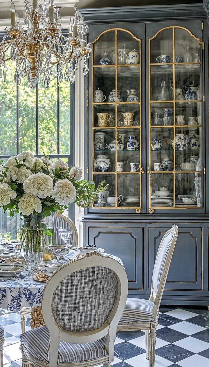 Dining Room Armoire: 16 Ideas for Storage and Style 6 Dark blue vintage armoire with gold-trimmed glass doors in a formal dining room.