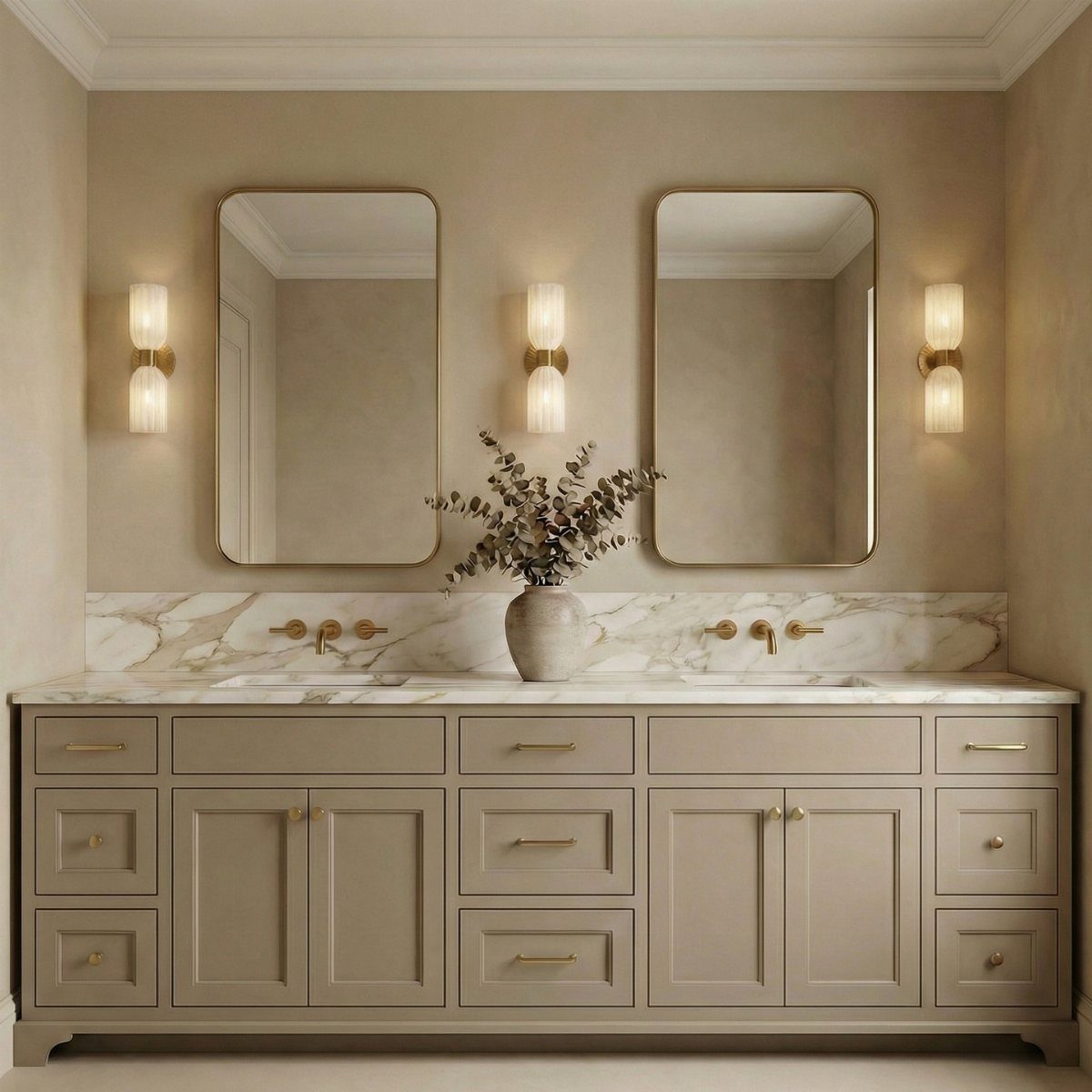 Gold cylindrical wall sconces flanking two mirrors above a beige bathroom vanity.