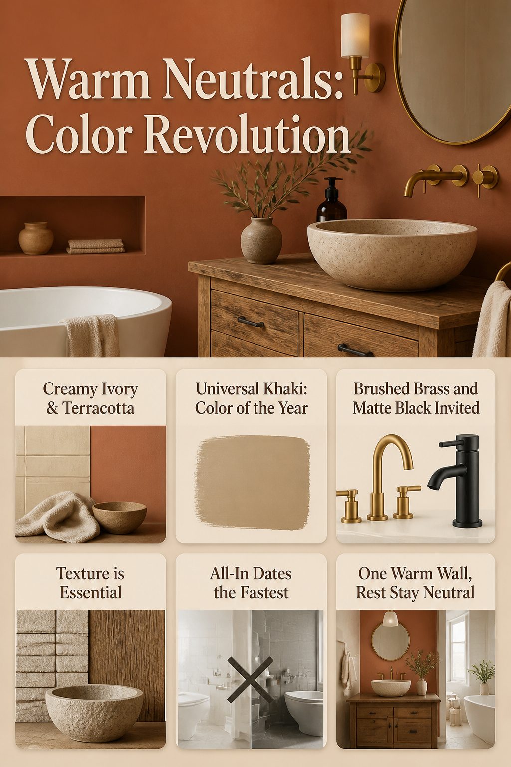 10 Creative Bathroom Design Ideas for 2026: Styles, Trends & Smart Solutions 12 A graphic representation of warm neutral colors for bathrooms.