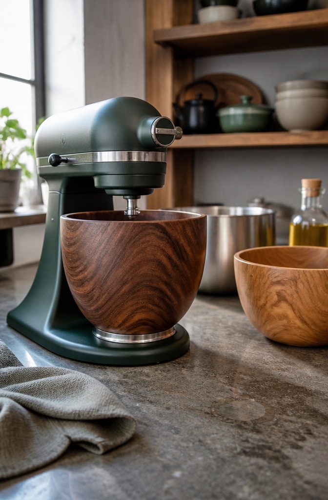 KitchenAid mixer with a walnut bowl beside it on a kitchen counter