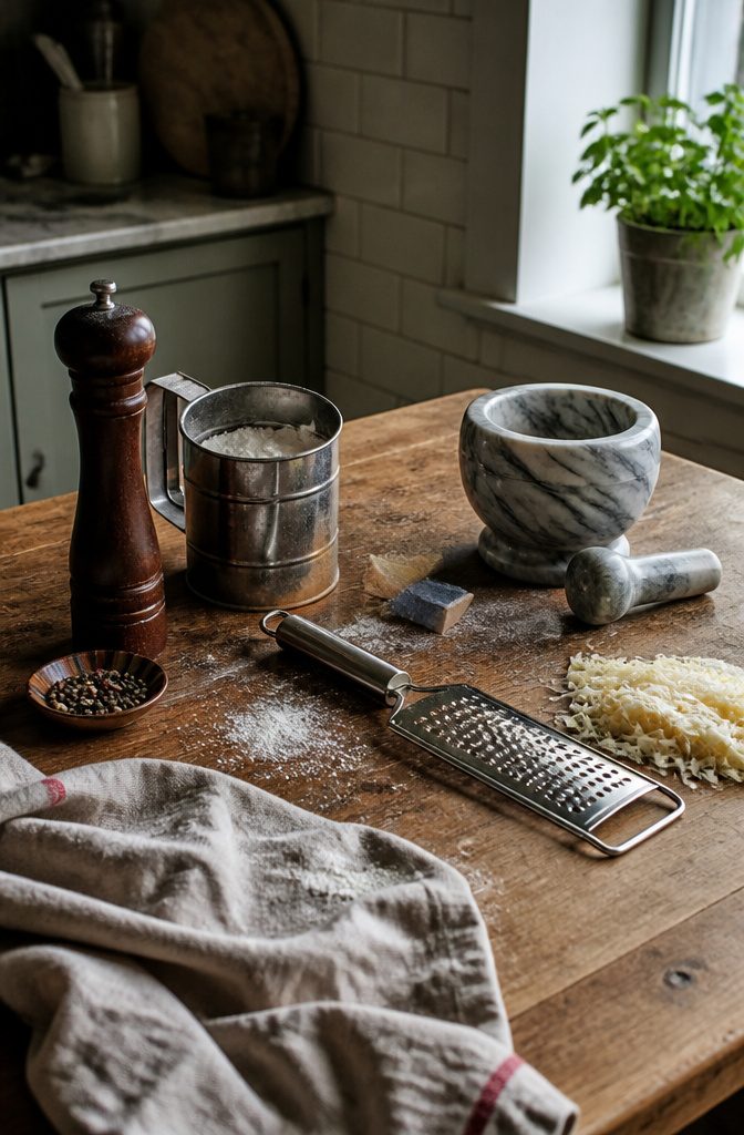 Pepper mill flour sifter cheese grater and veined marble mortar on a wooden table