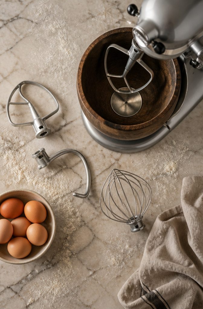 Flat beater dough hook and wire whip beside a walnut mixer bowl