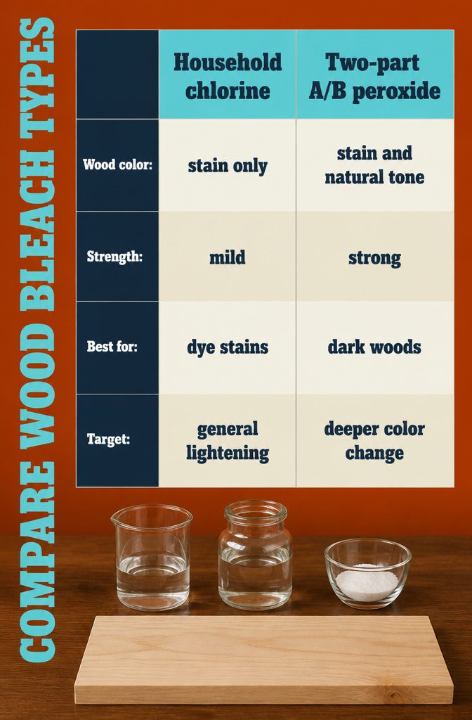 How to Lighten Wooden Furniture in 7 Steps 9 Graphic with the words Compare Wood Bleach Types on a home interior background