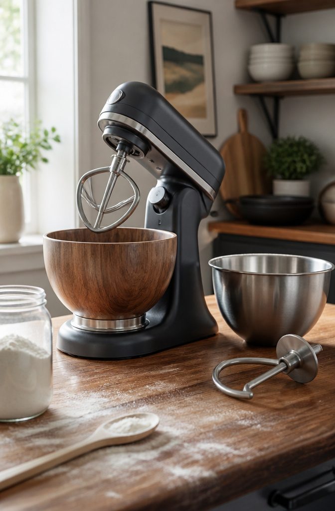 Wooden bowl on a tilt-head mixer with a flat beater above it