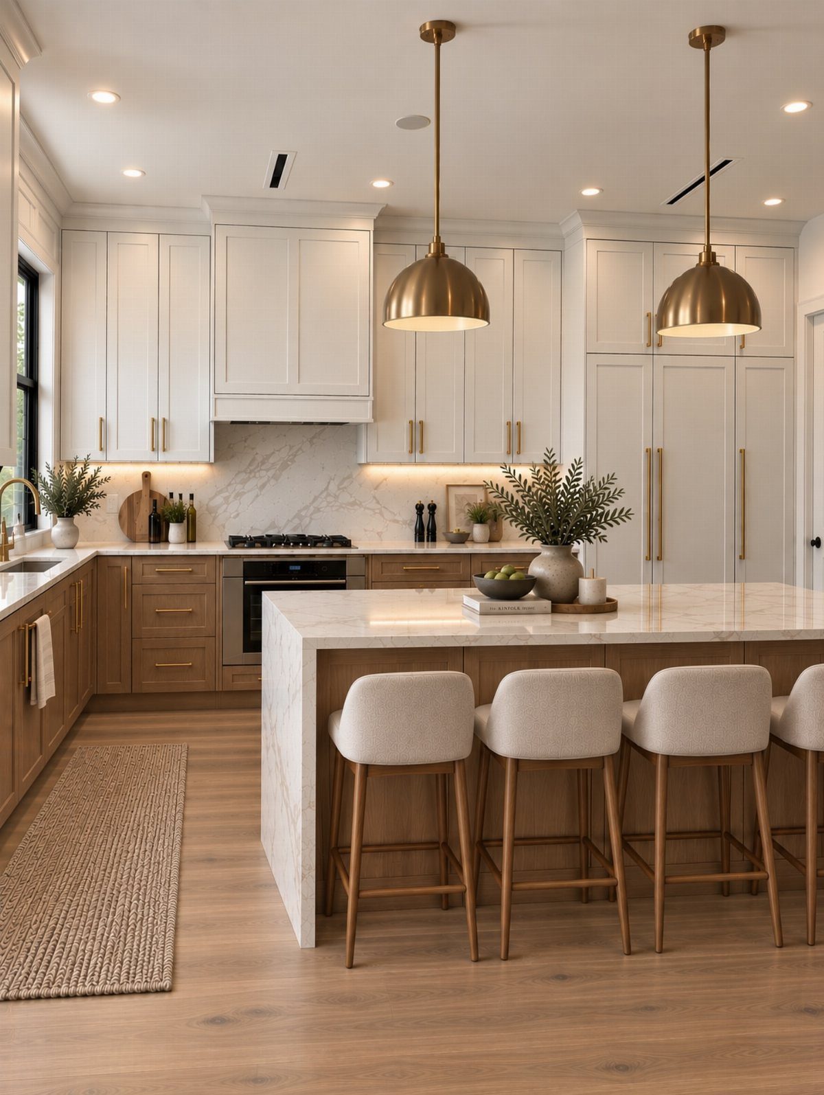 Kitchen Wood Pantry: 40 Ideas with Glass, Drawers, and Doors 22 White upper cabinets and a large wood pantry in a bright modern kitchen.