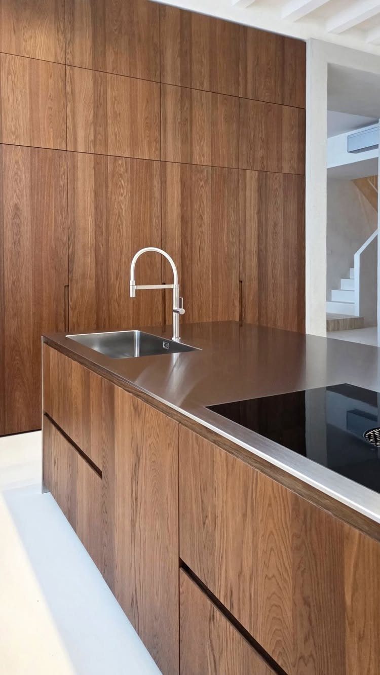 Modern kitchen island with stainless steel countertop and brown wood cabinetry.