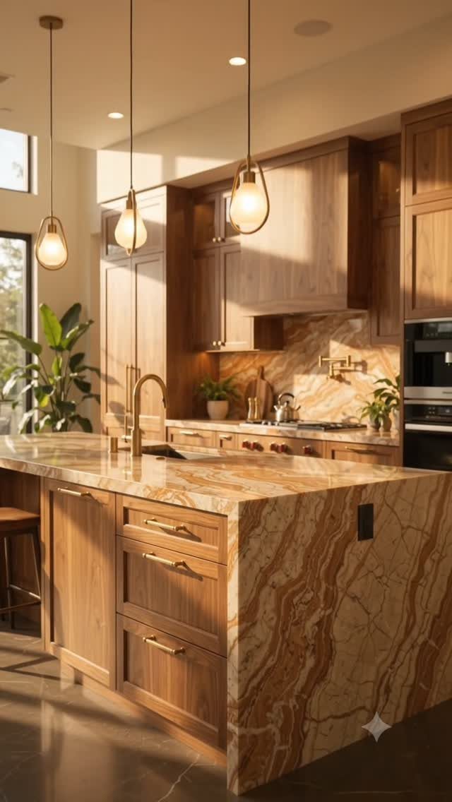 Wood grain kitchen cabinets and island featuring gold pull handles and gold fixtures.