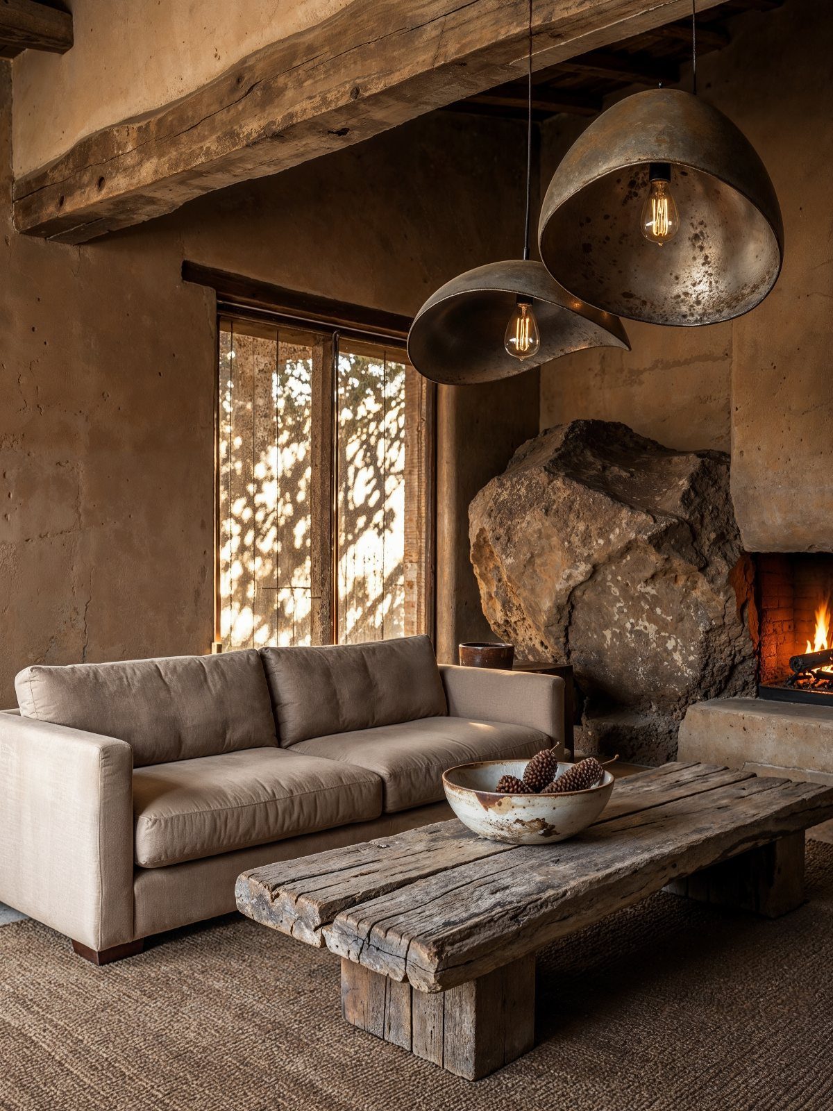 Weathered metal dome pendant lights hanging over a rustic wood coffee table and sofa.