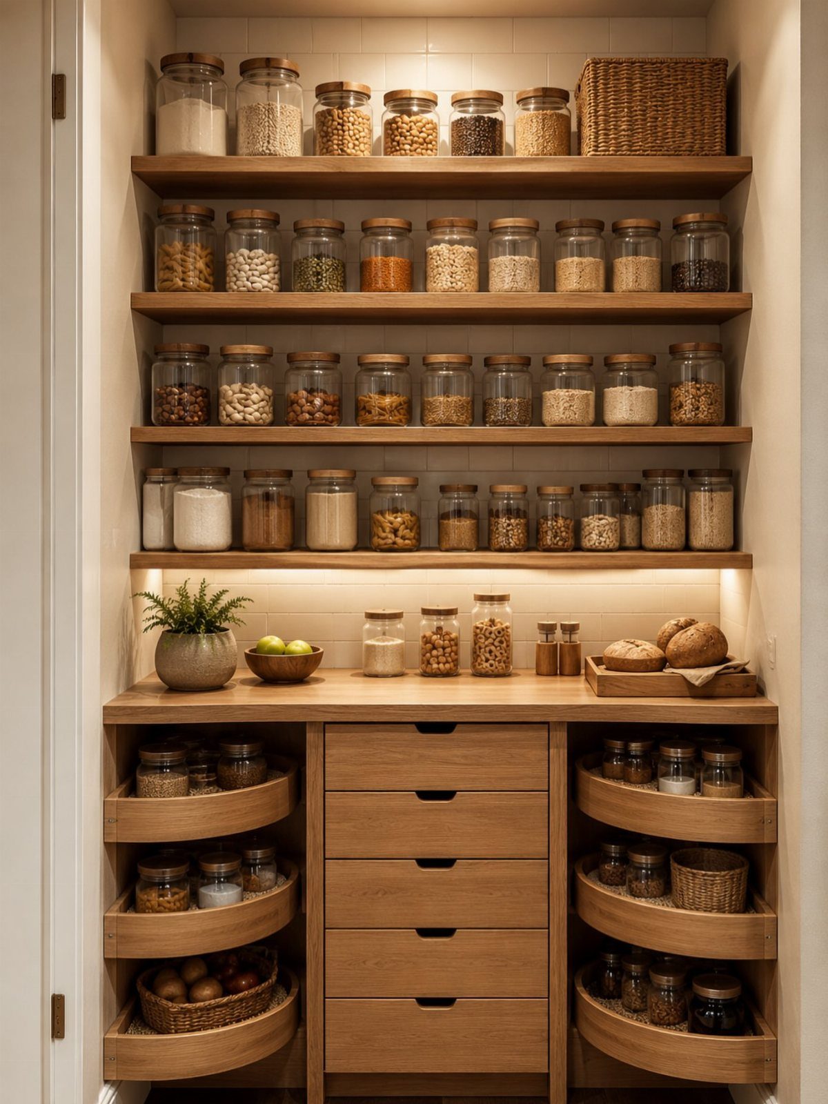 Kitchen Wood Pantry: 40 Ideas with Glass, Drawers, and Doors 2 Wooden pantry shelving with glass jars of grains and pull-out storage drawers.