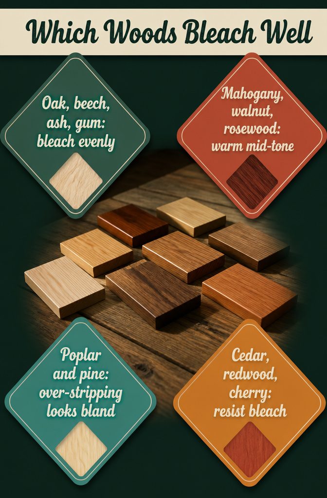 How to Lighten Wooden Furniture in 7 Steps 10 Graphic with the words Which Woods Bleach Well on a home interior background