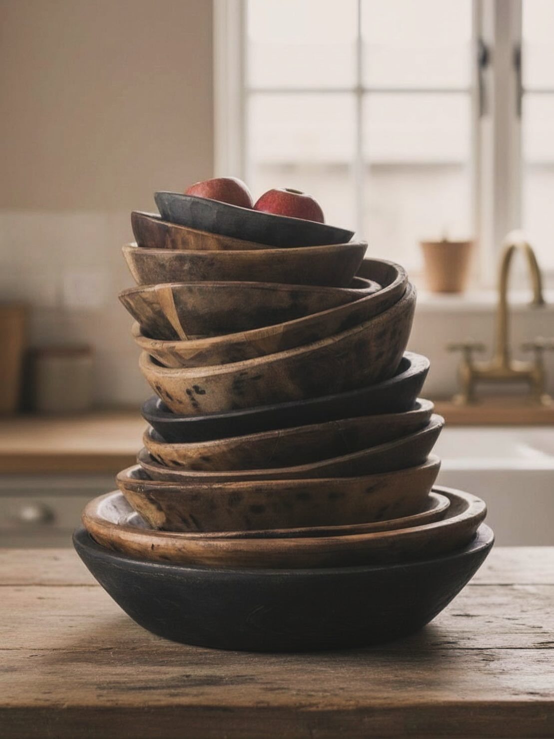 Stack of wooden bowls in various brown tones with red apples on top.