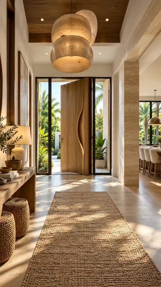 Woven rattan pendant light hanging in a modern entryway with natural wood accents.